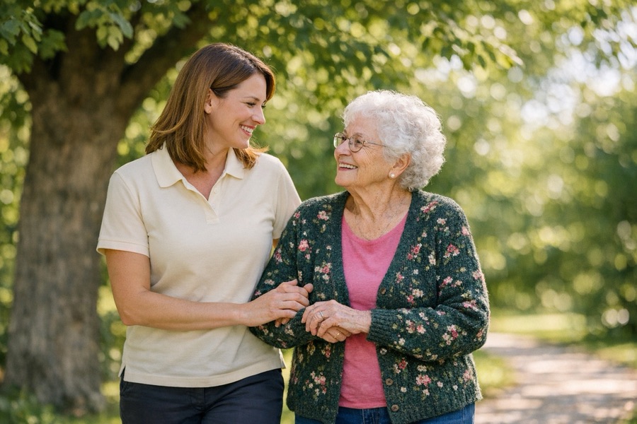 Eine Betreuerin geht Arm in Arm mit einer Seniorin einen Weg unter Bäumen entlang, beide lachen